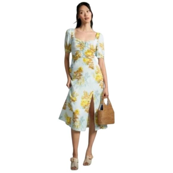 Anthropologie The Vineyard Floral Satin Midi Dress Blue Yellow Puff Sleeve sz 4 - Picture 4 of 8